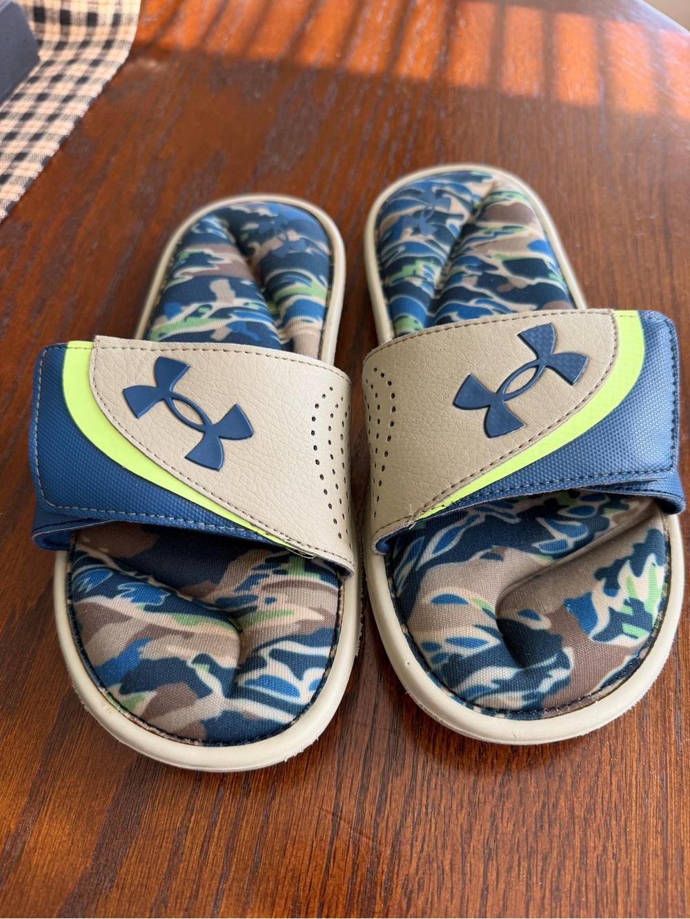 Under Armour Kids' Slide Sandals in Navy, Tan & Lime Accent